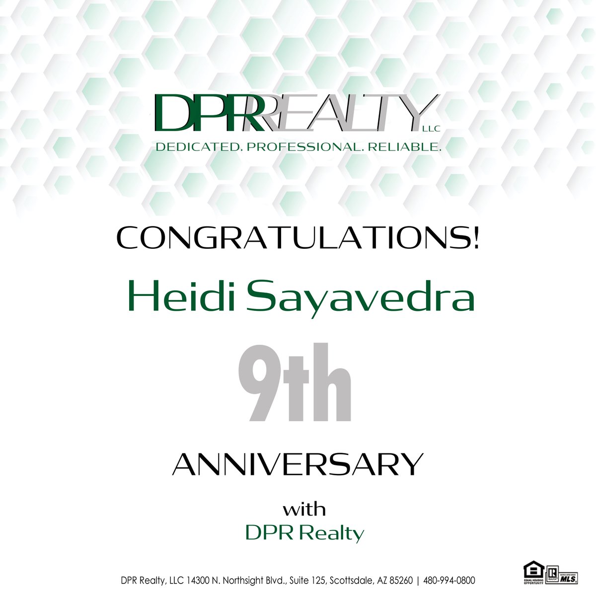 DPRRealtyAZ's tweet photo. Celebrating Heidi Sayavedra’s 9 years with DPR! We're glad you decided to call DPR Realty home.
480-670-7361 | success@dprrealty.com | https://t.co/LjokDlY9BY
#DPRRealty #realestatelife #goals https://t.co/PGA1hltETq