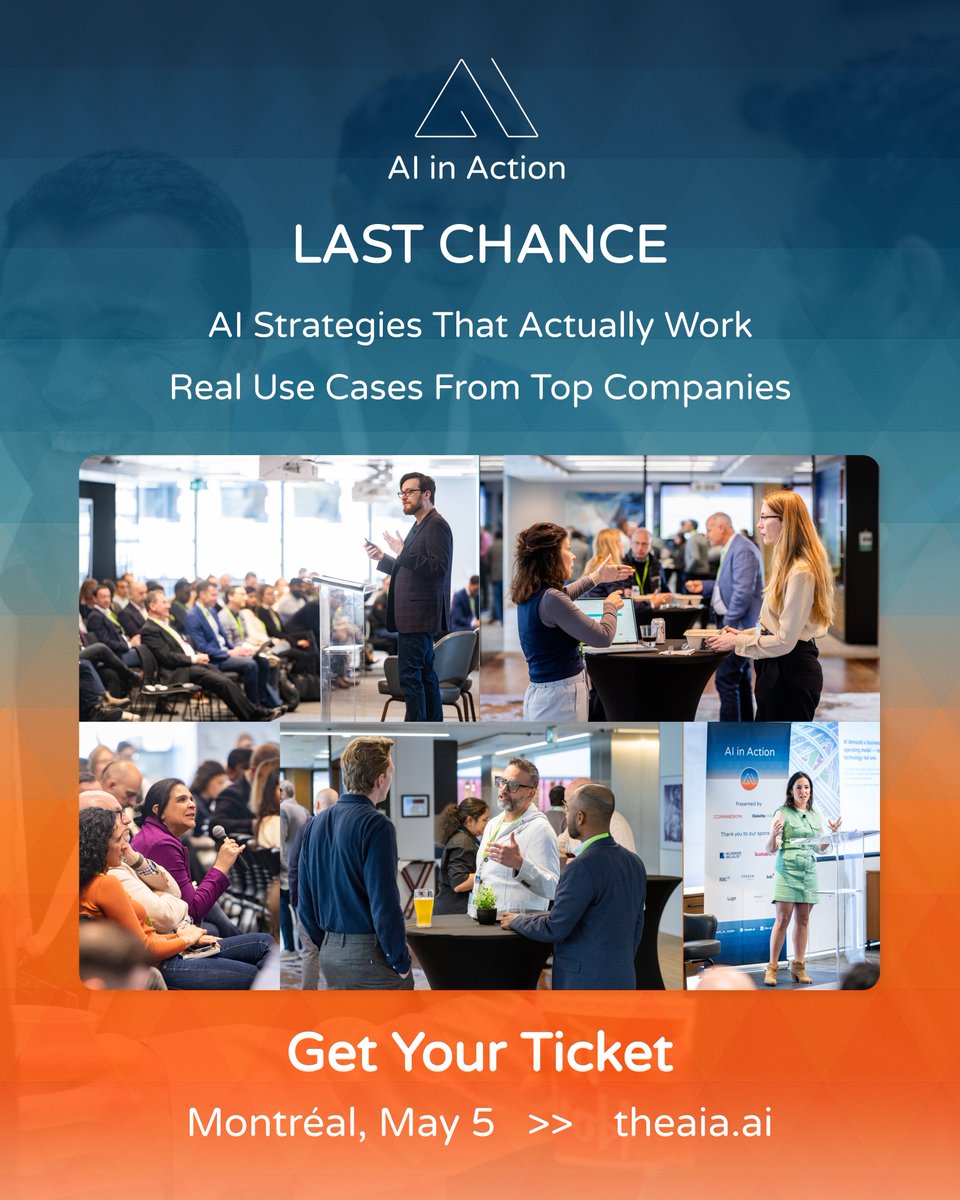 theAi_in_Action's tweet image. LAST CHANCE
AI Strategies That Actually Work.
Real Use Cases From Top Companies.
Join us at AI in Action Montréal, May 5.
theaia.ai

#AI #Innovation #Tech
