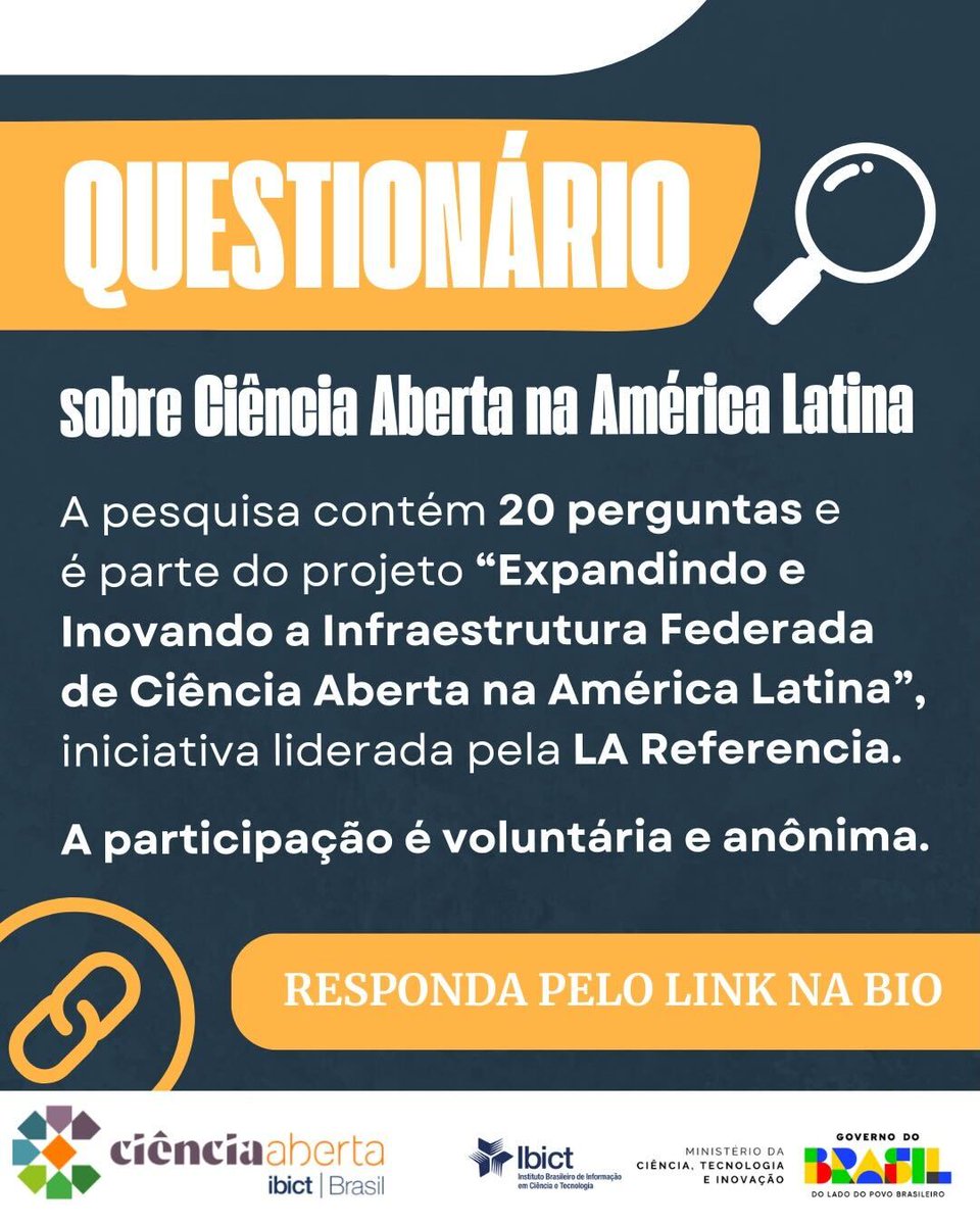 cienciaabertabr's tweet photo. Participe de questionário voltado aos Repositórios de Dados de Pesquisa, sobre a expansão da Ciência Aberta na América Latina! Que faz parte do projeto da @LAReferenciaAA.

🔗 Acesse o formulário pelo link: https://t.co/s5xpbhyl4L. https://t.co/c6iZilgVc0