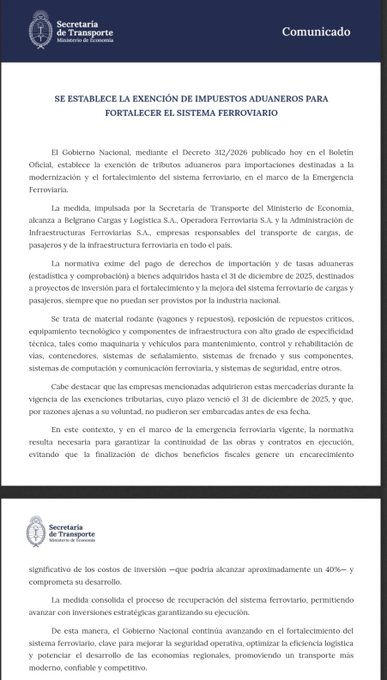 Buenas noticias para fortalecer SISTEMA FERROVIARIO

El Gobierno exime de impuestos aduaneros a empresas ferroviarias: la medida busca mejorar la eficiencia logística y comprende importaciones hasta el 31 de diciembre de 2025 que no habían sido embarcadas.