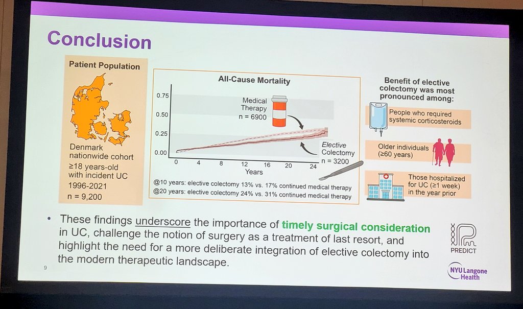 z_bakhshiii's tweet photo. Elective colectomy in UC ≠ last resort 🚫
→ Associated with ↓ mortality vs medical therapy
10y: 13% vs 17%
20y: 24% vs 31%
Biggest benefit in: 

- Steroid-dependent pts
-👵 Age ≥60
-🏥 Recent hospitalization
👉 Time to rethink timing of surgery in UC
Presented by @AdamFayeMD 
@AmerGastroAssn @DDWMeeting #DDW2026