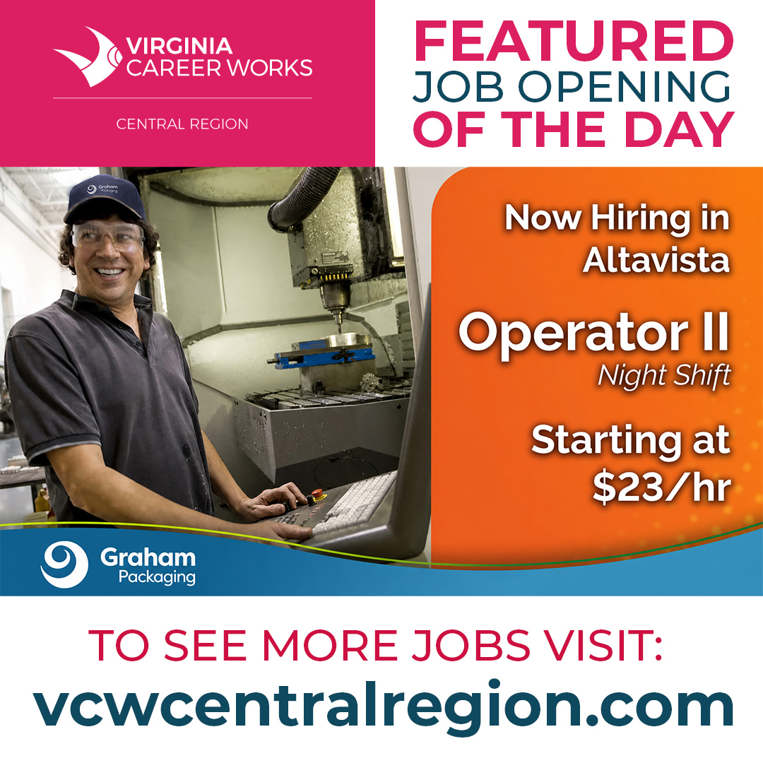 vcwcentral's tweet photo. @grahampackaging is #hiring a full-time Operator II in Altavista. This position is a night shift position working from 7:00 pm to 7:00 am. Earn a starting salary of $23/hr. A minimum of 2 years in manufacturing required. Apply at: https://t.co/vYEsV1yt0H https://t.co/2HZMLt18WD