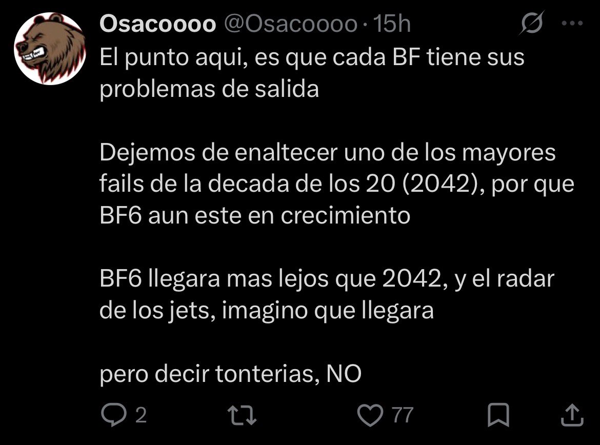 _1xtt's tweet photo. Genuinamente de que mierda está hablando este pendejo? No solo no entendió el tweet si que aparte cree firmemente que BF6 tiene salvación.
Lo mismos devs dijeron que están usando IA para saber que poner en las updates lol https://t.co/57CUz6Uq8K
