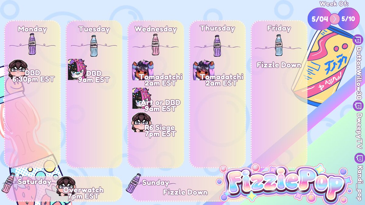 FizziePopVT's tweet photo. 【🫧  Weekly Schedule 🫧】 

Dweepy 💜🖤
Wed 2am + Thu 2am
https://t.co/DX9kcGMcOG 

Bunny 🐰🍋
Mon 6:30pm + Wed 7pm + Sat 7pm
https://t.co/LXbrRRNYCd 

Kandi ✨🦇
Tue 9am + Wed 9am
https://t.co/HHGdGhnJmO https://t.co/1qARobfL32