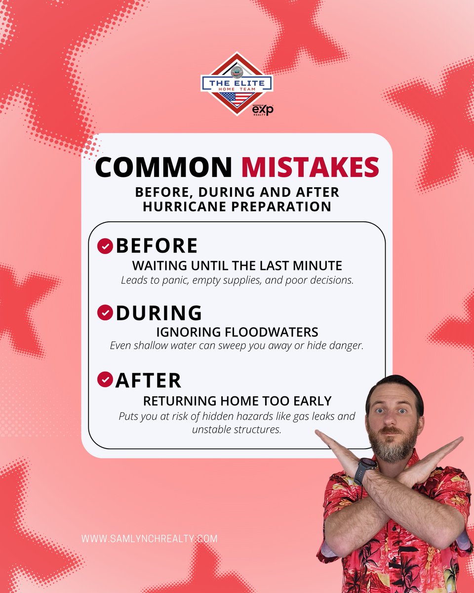SamLynchRealtor's tweet image. COMMON HURRICANE PREP MISTAKES 🌪️🏠

Stay ready. Stay informed. Stay safe. 🙏

Sam Lynch | Veteran | REALTOR®
The Elite Home Team by eXp Realty
Email: sam@lynchconquests.com
Phone: (910) 941-8541
Website: samlynchrealty.com

#HurricanePrep #StormSafety #EmergencyPreparedness