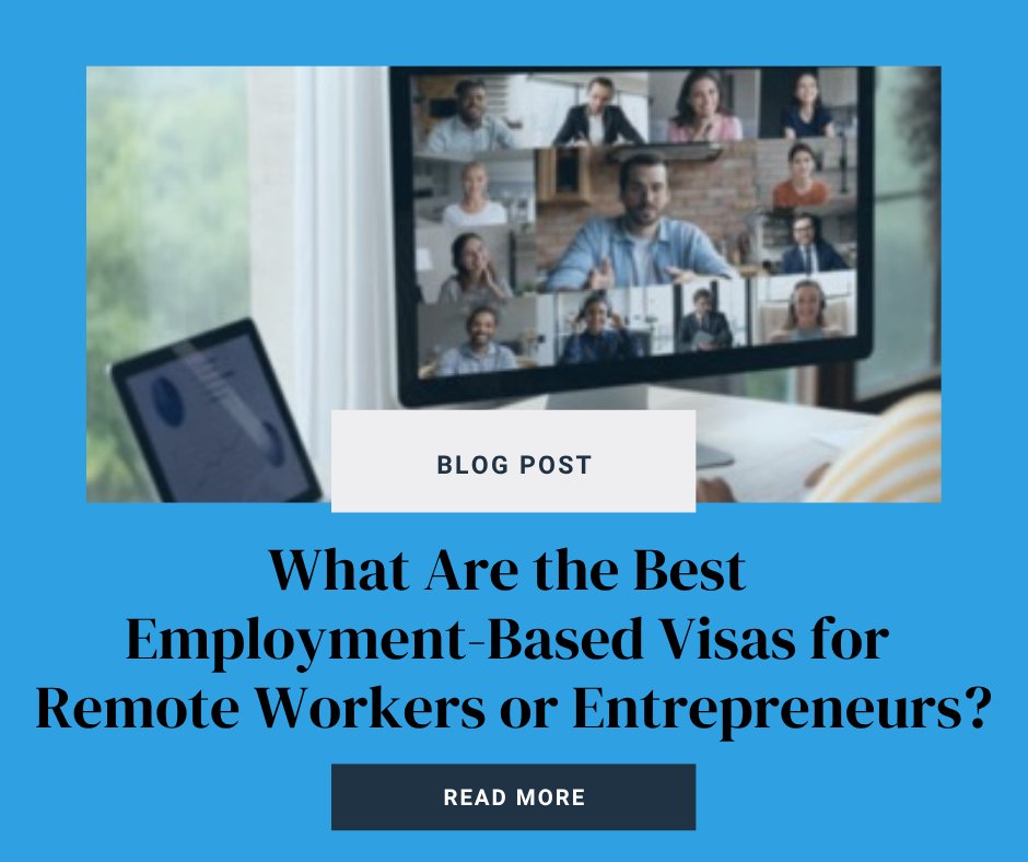 ZaveriLawFirm's tweet image. The best employment-based visas for remote workers or entrepreneurs include: O-1 Visas, E-2 Visas, H-1B Visas, and EB-2 NIW's. For more information, read our blog post.
#BlogPost #Visa

https://bit.lys/4vwH6Ui