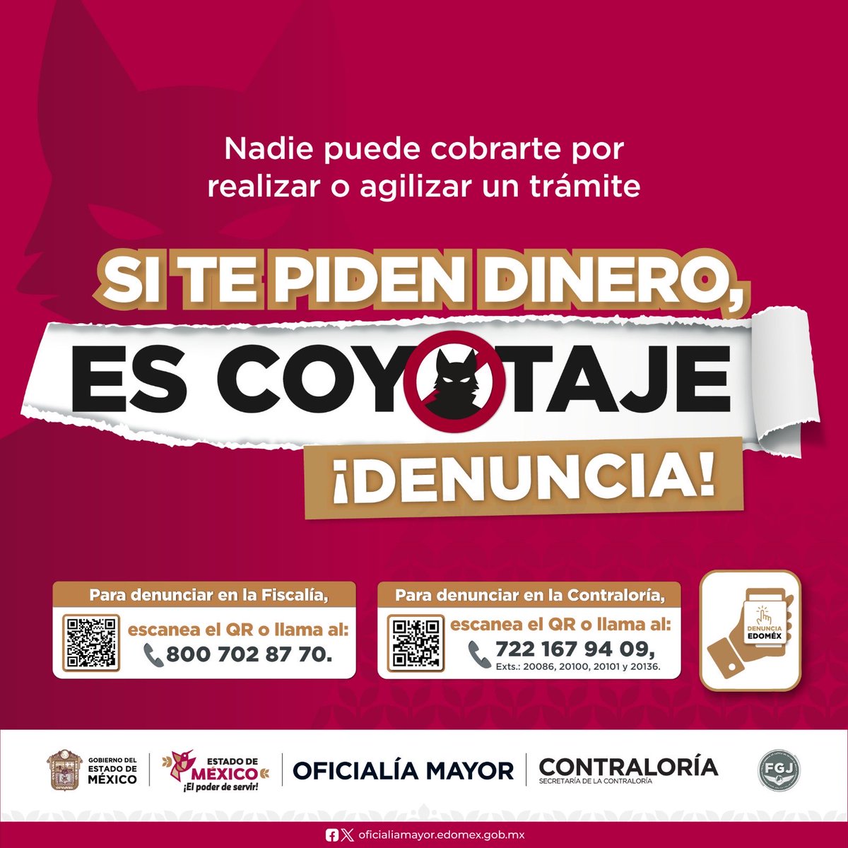 OficialiaEdoMex's tweet photo. En el @Edomex: los trámites son gratuitos y personales. Nadie puede cobrarte ni pedir favores por realizarlos o agilizarlo.
Infórmate en canales oficiales y denuncia al 800 702 87 70 o al 722 167 9409, extensiones 20086, 20100, 20101 y 20136.
#NoAICoyotaje #EIPoderDeServir https://t.co/NMFOUtM814