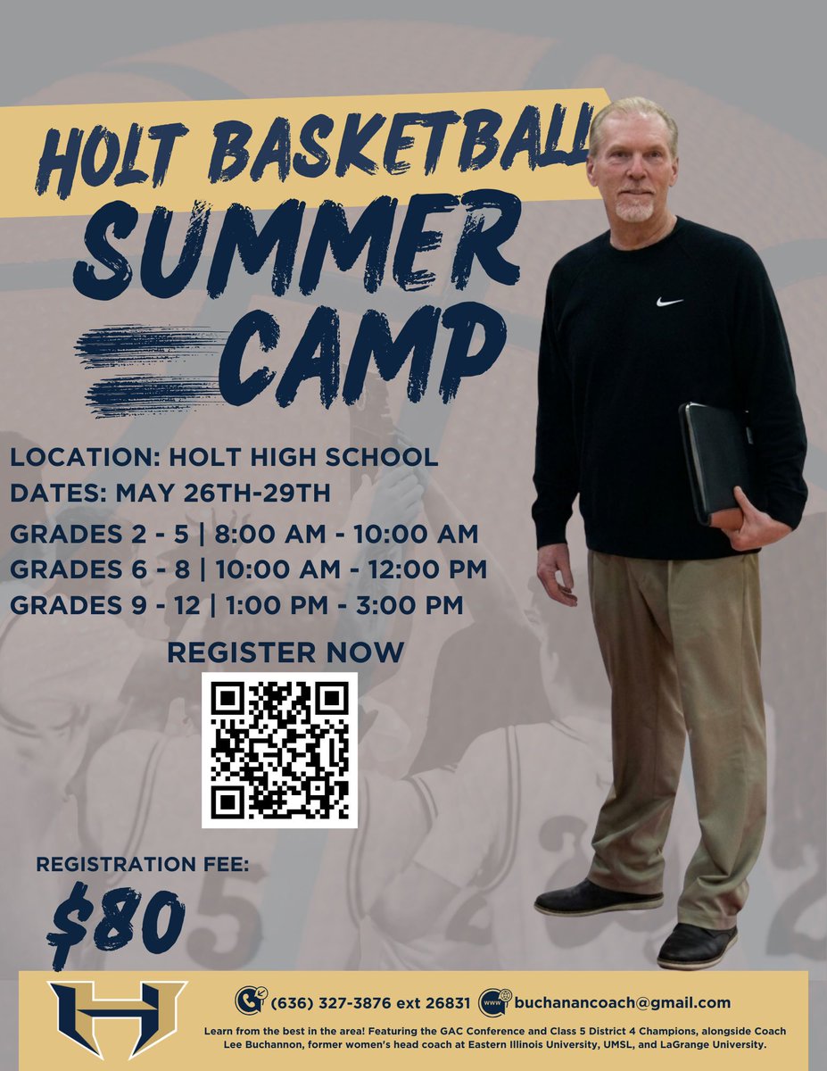 HoltSandorf's tweet photo. Nothing says summertime like high school youth basketball camps!

Want your child to learn elite skills and have the time of their life?

We’ve got you covered! Learn from former DI and current Holt Coach Lee Buchanan, and start summer the right way at Holt’s annual youth camp. https://t.co/qspXWYv3xt