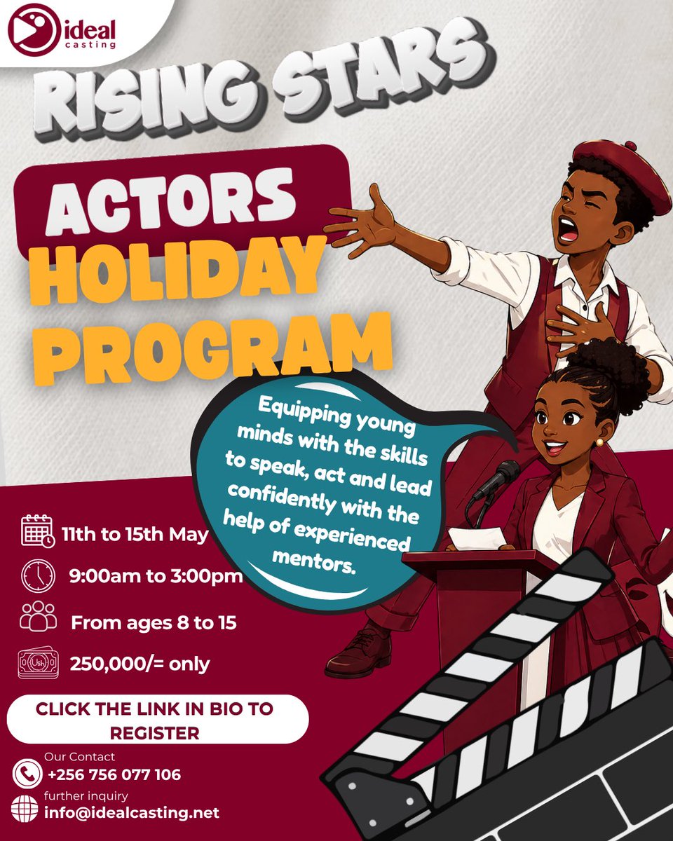 idealcastingug's tweet photo. Rise a star early⭐️.

Our Rising Star Program is here for young creatives (8–15 years) ready to explore acting and public speaking in a fun, engaging one-week experience.

Let them play, perform, and discover their voice.

📍Limited spaces
📩 Register now

https://t.co/D7UVTgvA8O https://t.co/T71AR19REM
