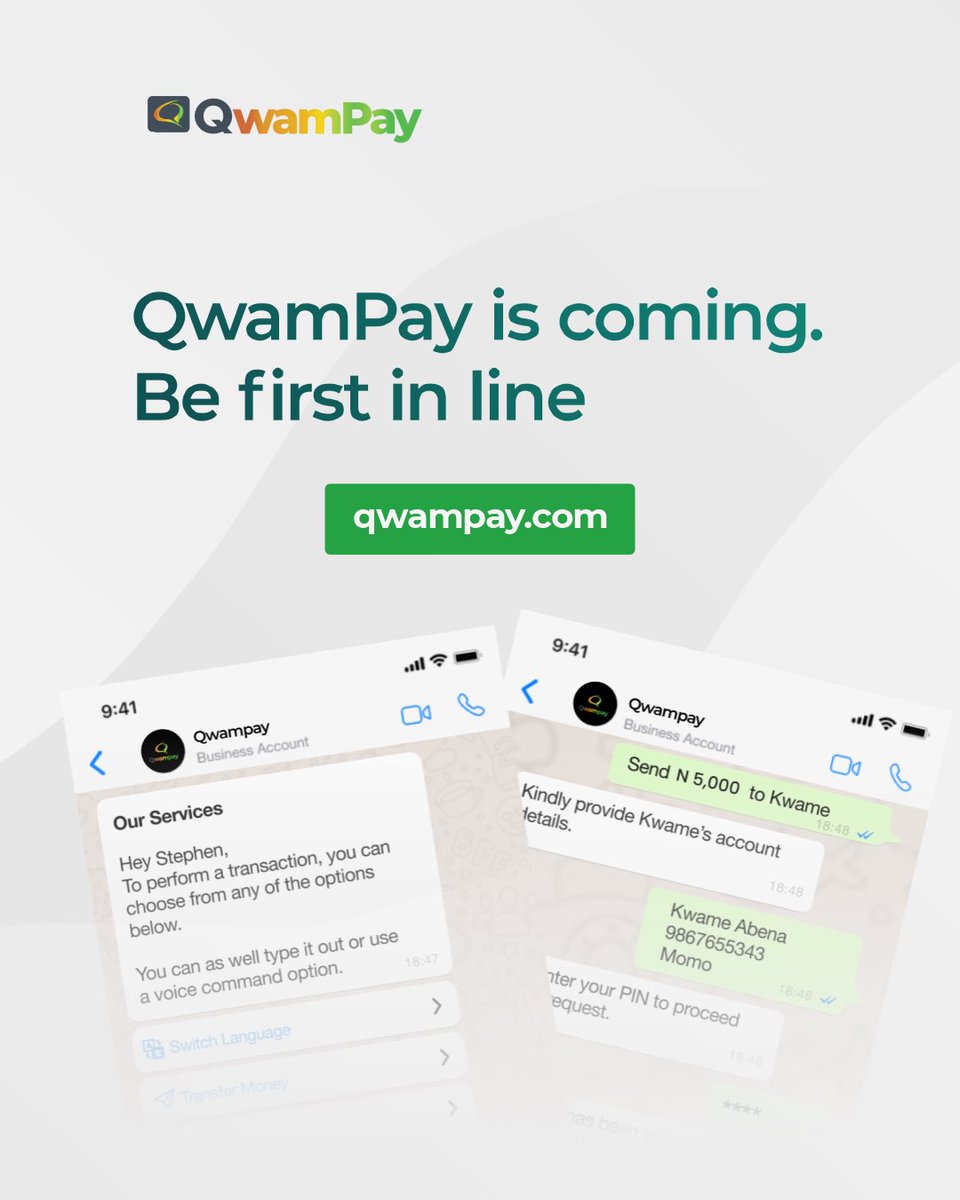 QwamPay's tweet photo. Did you know transactions can be as easy as sending a message?

QwamPay turns your everyday chat into your financial tool! 

Send a message and it’s done.

Join the waitlist.

#NaijaFintech #MeetQwamPay #PayWithWhatsApp https://t.co/hYx0vHkDkn