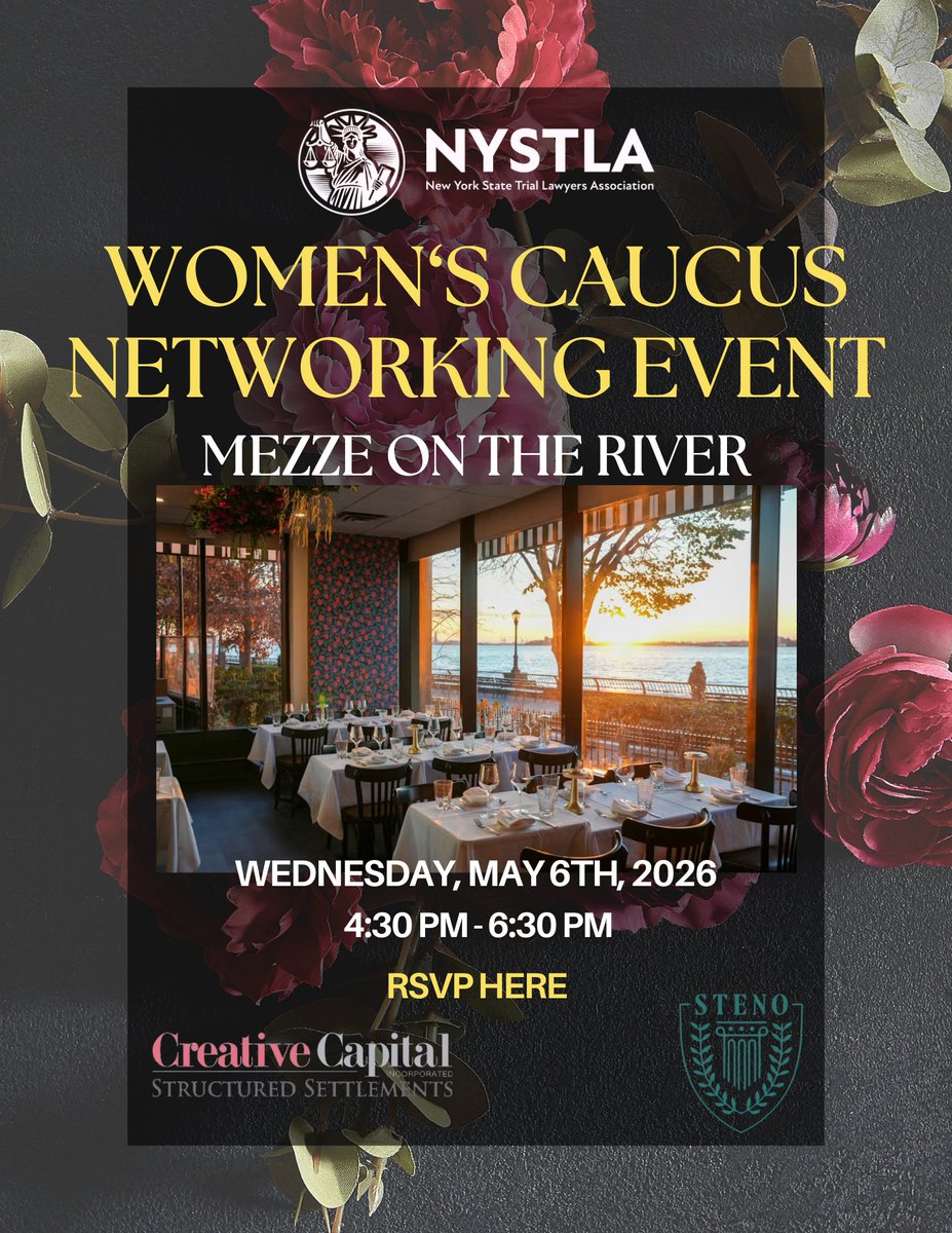 NYSTLA's tweet photo. Want to network with top women trial attorneys? Interested in a great view and sunset? RSVP Today! Come join NYSTLA's Women's Caucus for a networking event along the river. Last few spots remaining! https://t.co/MgphJGpn9F