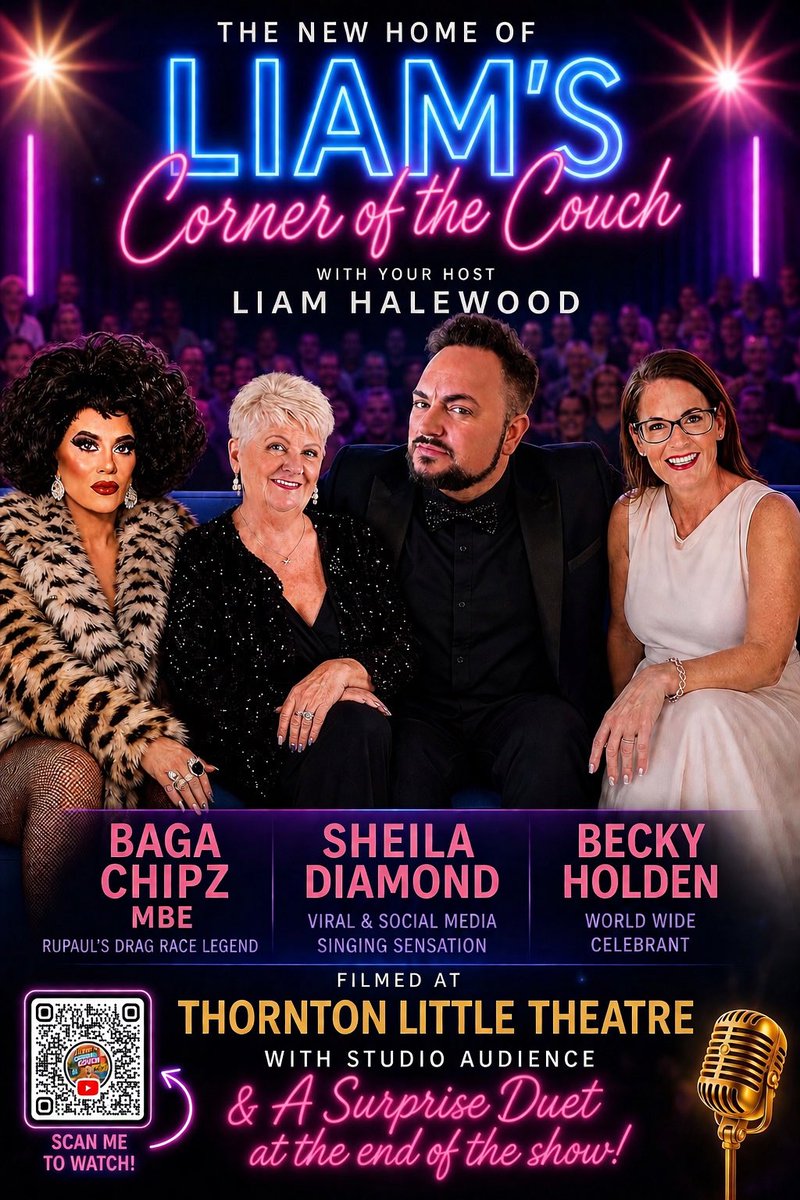 LHalewood's tweet photo. Well well well first guest for my new Chat/Panel Show!!! Rupaul’s Drag Race Icon Baga Chipz MBE, Social Media and singing sensation Sheila Diamond and Becky Holden World Wide Celebrant xxx scan the QR code to subscribe going Live in August :-) x https://t.co/GguFNwFR09