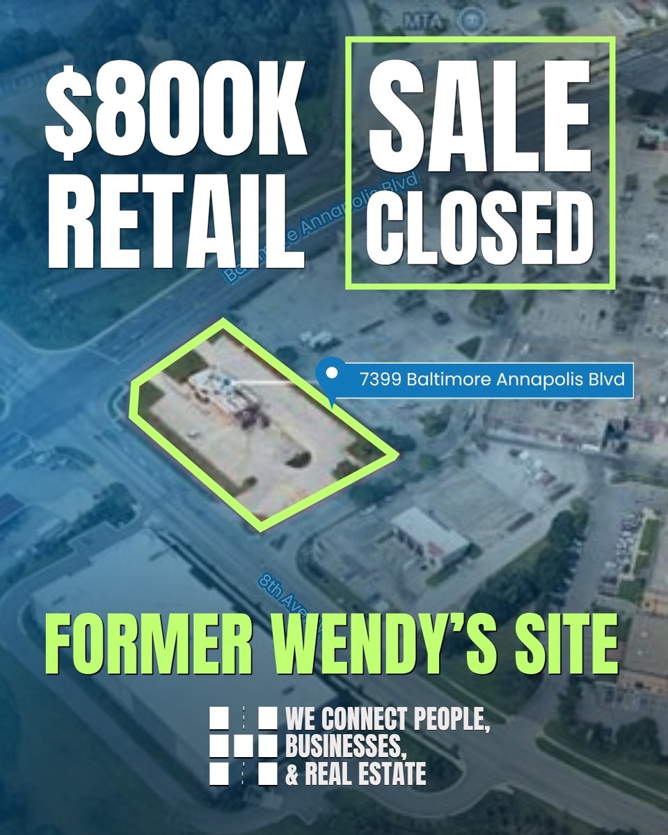 HyattCommercial's tweet image. Hyatt Commercial announces the $800,000 sale of the former Wendy’s property at 7399 Baltimore Annapolis Blvd in Glen Burnie, MD. 

Bill Steffey, CRE, CCIM, represented the seller, 7399 B-A LLC. 

Read more: hyattcommercial.com/former-wendys-…

#GlenBurnieMD #RetailRealEstate #MarylandCRE