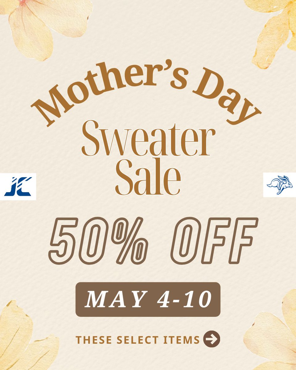 jacks_central's tweet photo. Mother’s Day Sweater SALE is HERE!
50% OFF select styles.
May 4–10.
In-stores and online.
*Some exclusions may apply.

#SDState #JackrabbitCentral #ShopJacks #mothersday #sale https://t.co/keVKeGNFwr