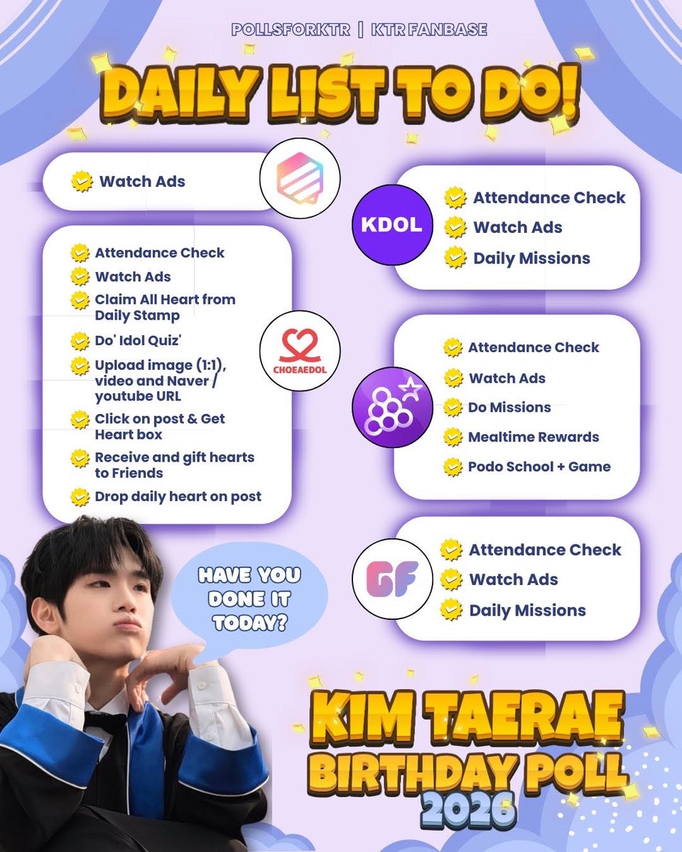 ✨ DAILY REMINDER FOR TAERAE ✨

Kkultaraes🍯💛
Please check the TO DO list! Let’s all do our best together to reach our goal. Thank you so much for your hard work today and your efforts mean a lot🩷

#KIMTAERAE #김태래 #キムテレ #金太來 
#ZEROBASEONE #ZB1 #제로베이스원