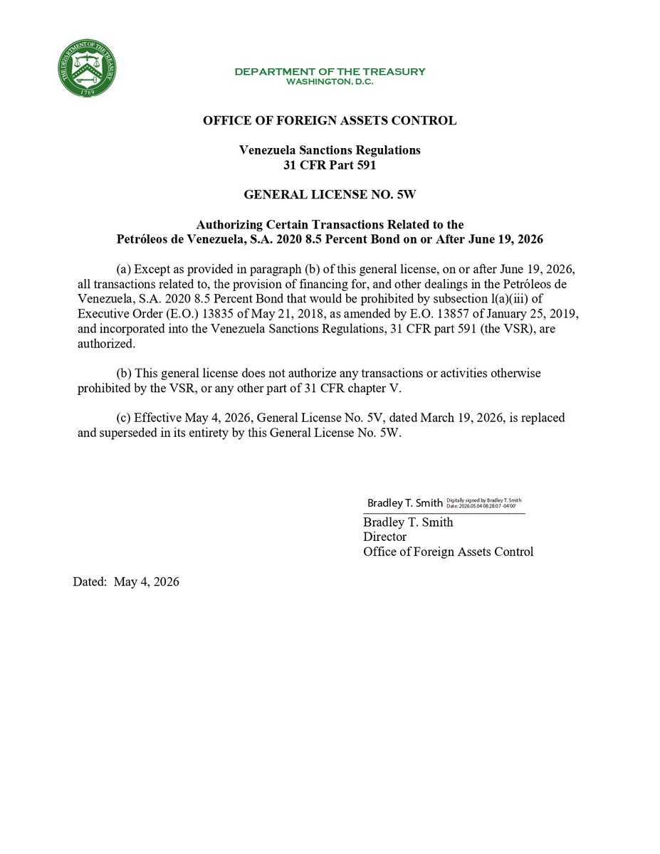 #AHORA | El Departamento del Tesoro de Estados Unidos, a través de la Oficina de Control de Bienes Extranjeros (OFAC, por sus siglas en inglés) extendió una licencia general qué protege a la refinadora Citgo Petroleum de los acreedores del bono PDVSA 2019 hasta el 19 de junio,