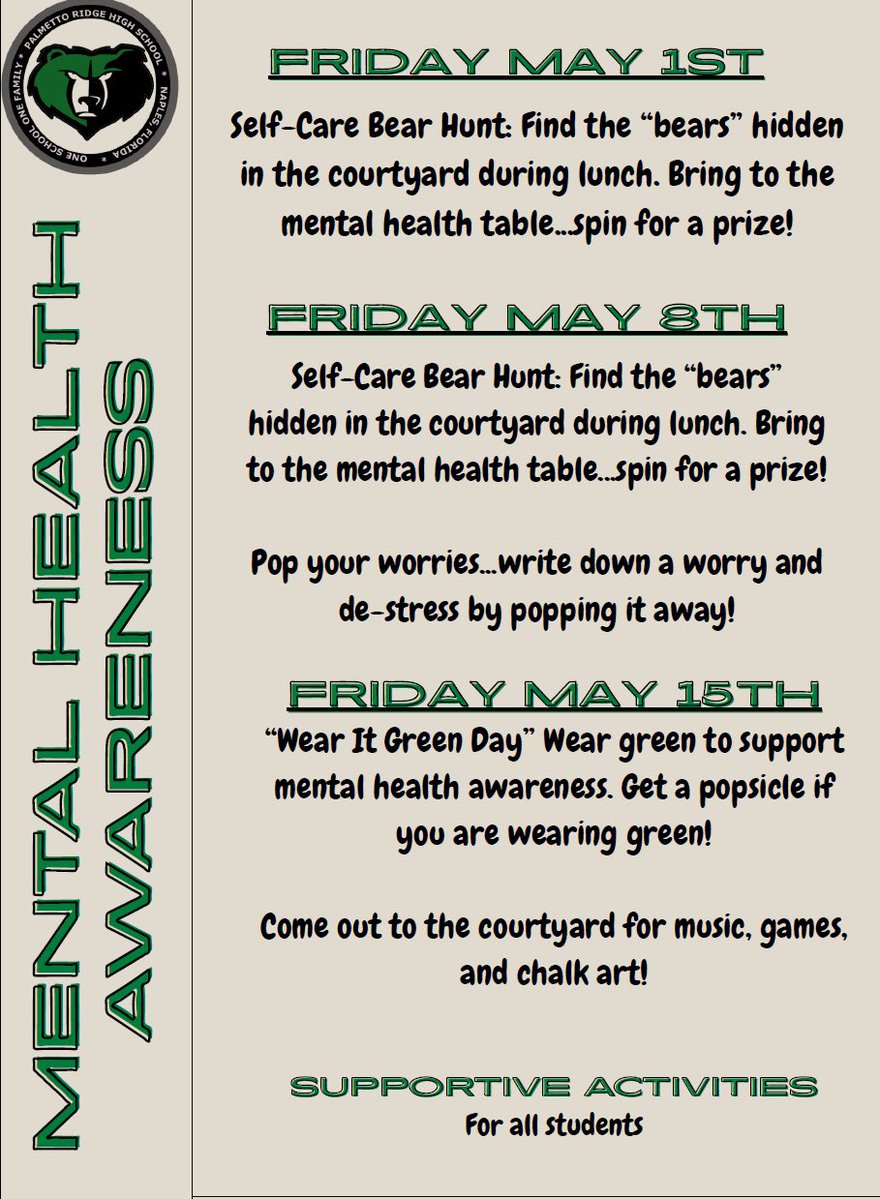 MrMcMillinPRHS's tweet image. May is Mental Health Awareness Month 💚
Take time to check in on yourself and those around you. Your mental health matters—on and off the field, in and out of the classroom. #MentalHealthAwareness #BetterTogether