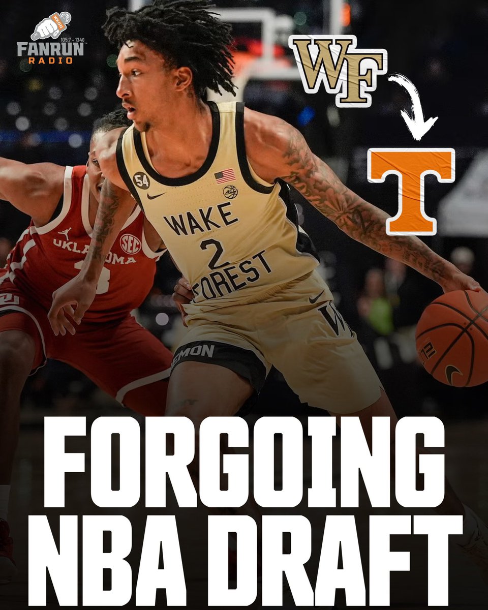 FOXSportsKnox's tweet image. Tennessee commit and Wake Forest transfer wing Juke Harris will forgo the 2026 NBA Draft, and will suit up for the #Vols this season 🍊

“I'm going back to school." 

The ACC’s Most Improved Player last season averaged 21.4 points a night on 44.4% shooting.