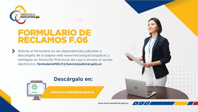JudicaturaLoja's tweet photo. 🔵 @CJudicaturaEc pone a disposición de la ciudadanía el formulario #F06 para presentar quejas o reclamos si, tras 72 horas de ingresar tu trámite judicial, no has recibido respuesta. 
 📷https://t.co/uJEvDoLSBy https://t.co/Lgx3fM88VF