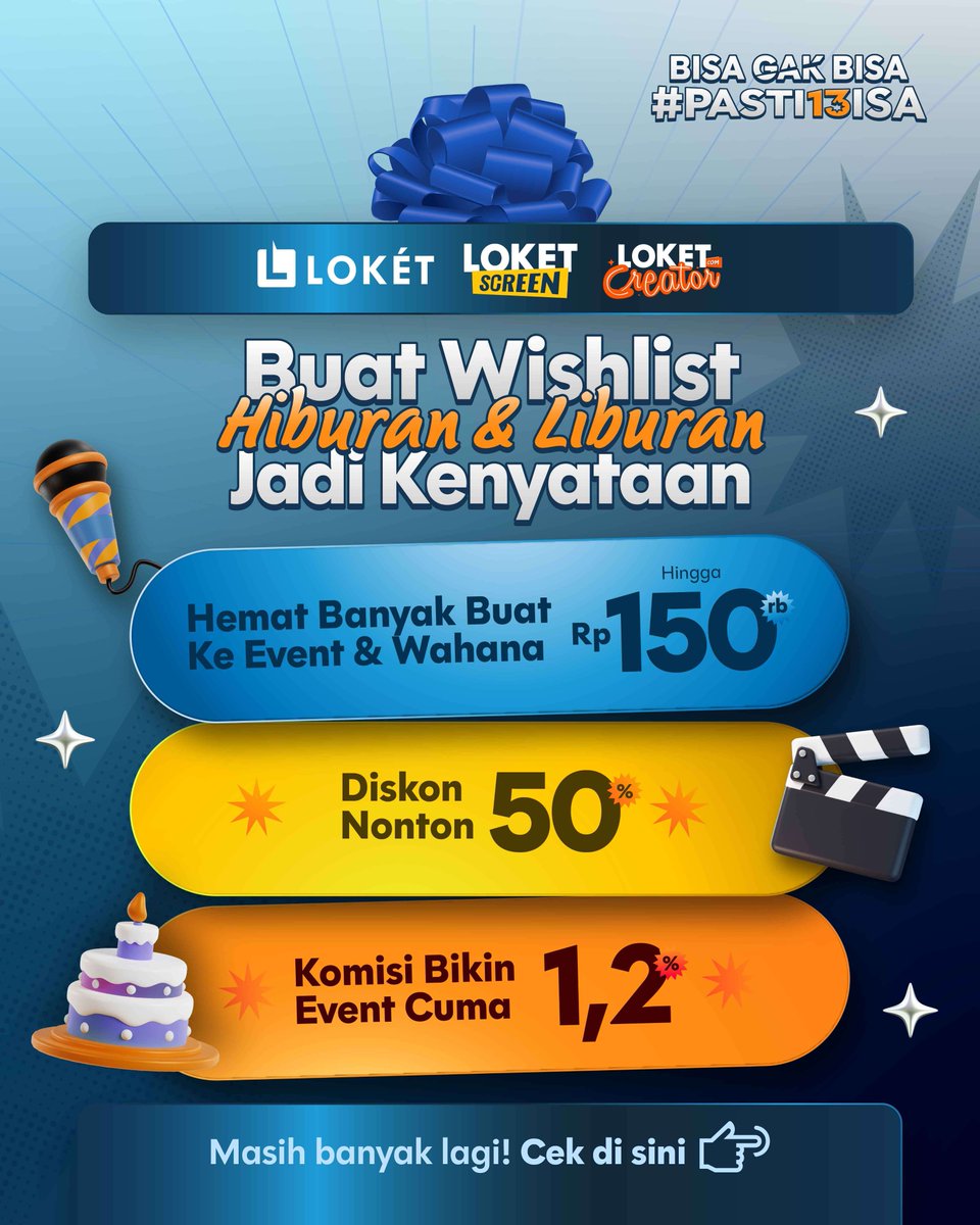 loketcom's tweet image. Bulan Mei ini #PASTIBISA lebih hemat! 🤑

Ide buat ngajakin keluarga jalan-jalan, buat bikin event bareng temen, sampai nonton film bareng gebetan jangan cuma berhenti di kepala! Wujudin semuanya bareng LOKET 🥰