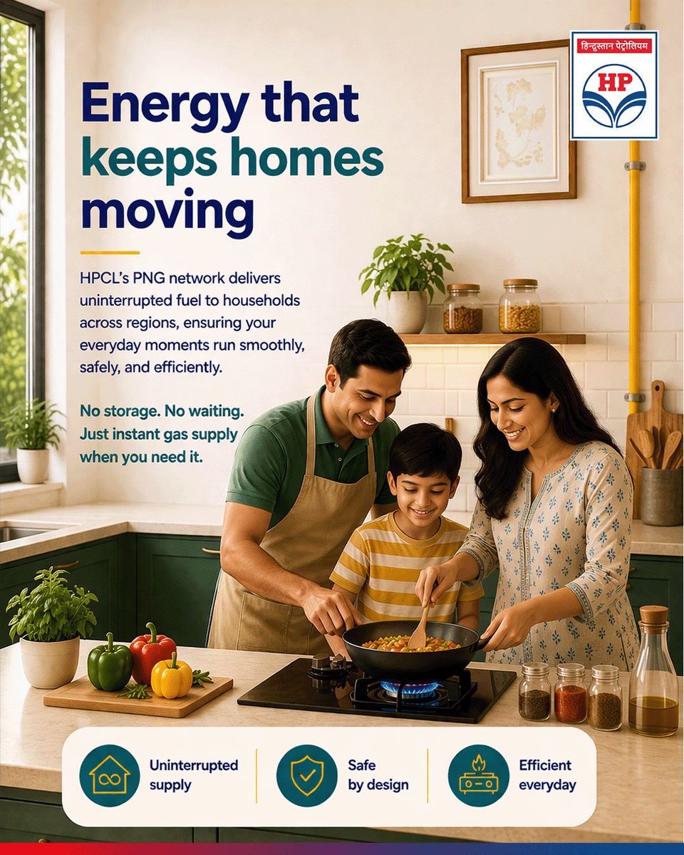 HPCL's tweet photo. Energy that keeps life moving, every single day. 🔥

With HPCL’s PNG network, enjoy a seamless, uninterrupted gas supply that powers your home safely and efficiently - no storage hassles, no waiting, just instant convenience when you need it most.

From everyday cooking to life’s little moments, we ensure your home stays connected to reliable energy. And with expanding networks across regions, cleaner fuel is reaching more households than ever before.

@HardeepSPuri @PetroleumMin @TheSureshGopi @Secretary_MoPNG @neerajmittalias

#HPCL #PNGConnection #CleanEnergy #SmartLiving #EnergyForLife