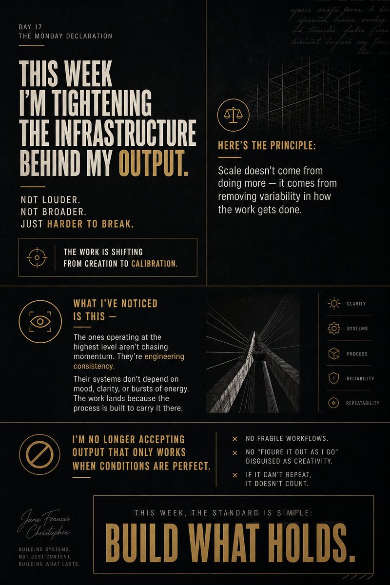 TemilorunO46029's tweet photo. This week I’m tightening the structure behind my output.
Not louder. Not broader. Just harder to break.
The work is shifting from creation to implementation
Here’s how it works: scale doesn’t come from doing more — it comes from removing variability
#cognixai_ #tech_babby https://t.co/mH7dZVJrGL