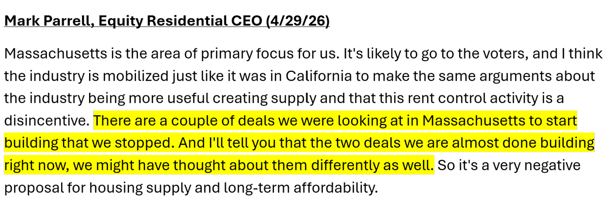 jayparsons's tweet photo. "But rent control doesn't hurt supply!!!" 🤡

Below is from EQR's earnings call last week when asked about rent control ballot measure in Massachusetts. https://t.co/17JQ7e5o4T