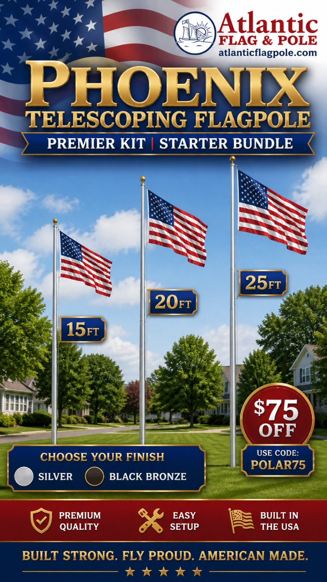 AtlanticFlagP's tweet image. 🦅 $75 Off + 3 Sizes &amp;amp; Finishes. Build Your Perfect Phoenix Kit Preview: Choose your size, choose your finish, claim your discount automatically at checkout.

📌CODE: 𝗣𝗢𝗟𝗔𝗥𝟳𝟱

atlanticflagpole.com/discount/POLAR…

#FLAGPOLES #TELESCOPING #FLAGS