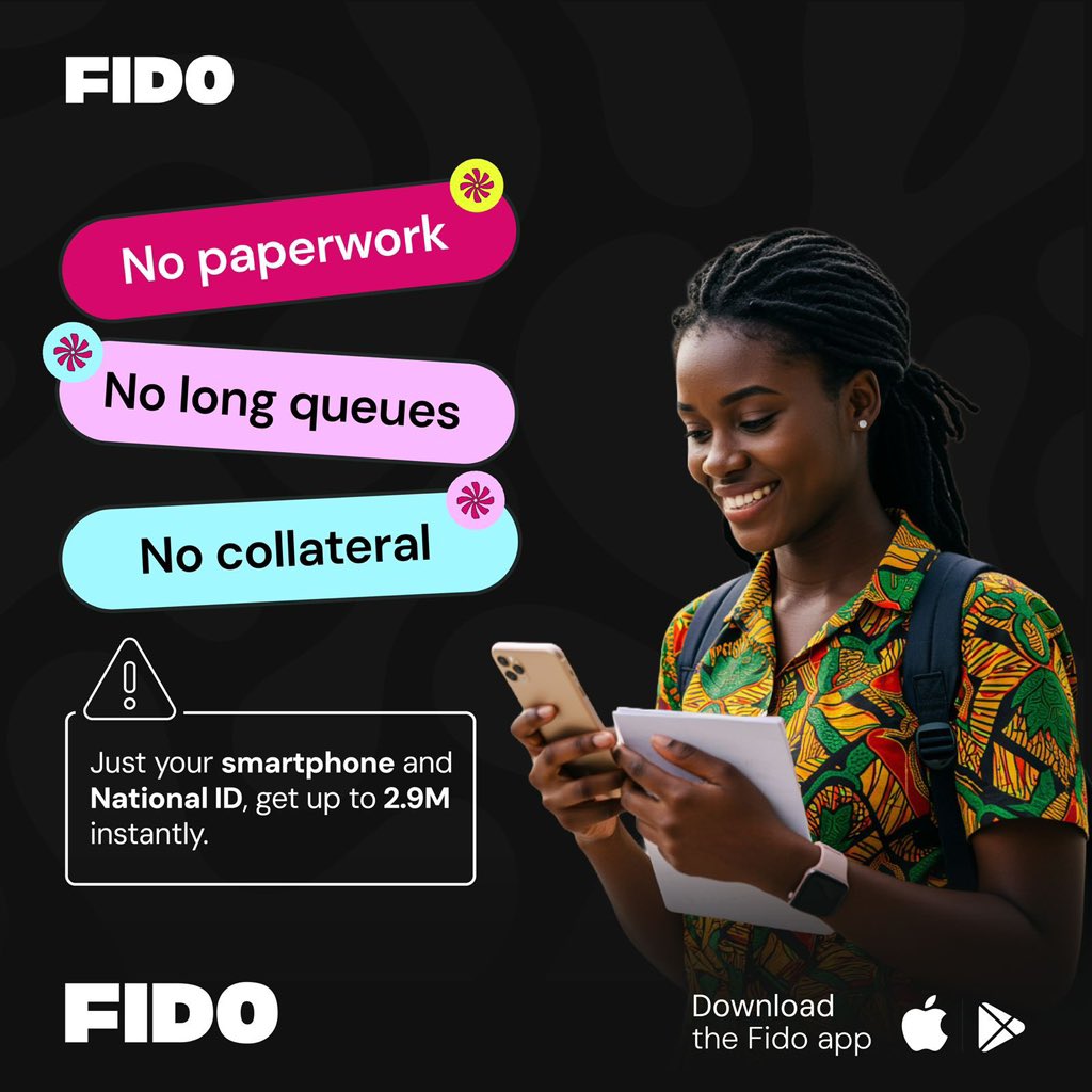 nbstv's tweet photo. Need quick cash without the hassle? With @FidoUganda, itโs simple, just your National ID and phone.
Download the app and get your loan in minutes.
#FidoApp #FidoLoans #DigitalLoans #NBSUpdates https://t.co/kuahT9bQUr
