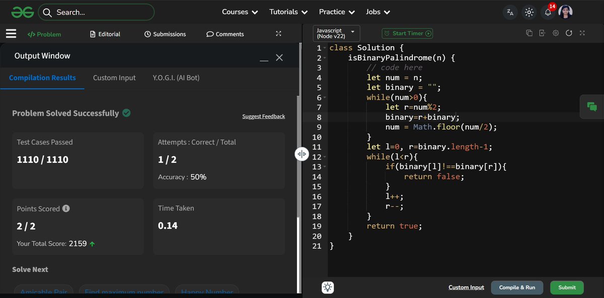 Pratikshak19332's tweet photo. 🚀 600 days. 600 problems @geeksforgeeks !
Completed the #POTD streak on @geeksforgeeks 💻🔥

Today’s learnings:
• Binary → string + two pointers to check palindrome
• Optimized → bit manipulation to reverse &amp; compare

#600DaysOfCode #DSA #ProblemSolving
#geeksforgeeks https://t.co/gA7FNgVbzY