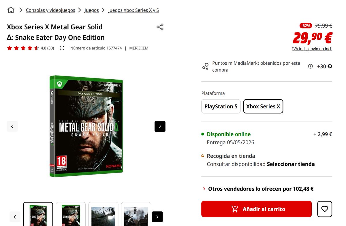 ofervijuXbox's tweet photo. Xbox Series X Metal Gear Solid Δ: Snake Eater Day One Edition

DESCUENTAZO SUBLIME a su NUEVO MÍNIMO en MediaMarkt

✅ 29.9€ (PVP ❌80€)
👉 https://t.co/gBHiVSCmn5 https://t.co/fnFTmvyBHn