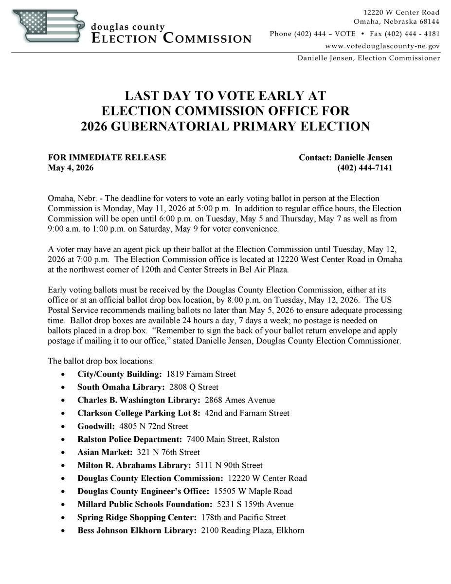 dcElections's tweet photo. The deadline to vote early in person at our office for 2026 Primary is 5/11/26 at 5 PM.  Our office will be open until 6 PM on May 5 &amp; 7 and from 9 AM - 1 PM on Saturday 5/9/26. Office address: 12220 W Center Road in Omaha, NW corner of 120th and Center Streets in Bel Air Plaza. https://t.co/UDvbNAlLFf