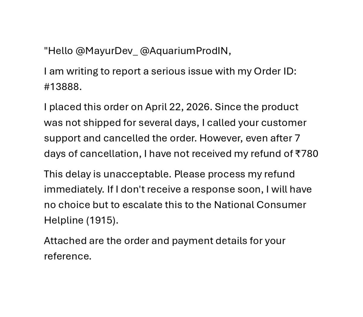 AnilShe99266588's tweet image. @MayurDevAqua #ConsumerComplaint #ConsumerRights #RefundIssue"