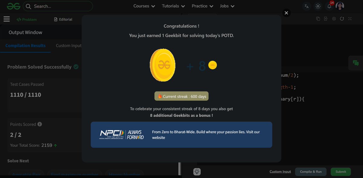 Pratikshak19332's tweet photo. 🚀 600 days. 600 problems @geeksforgeeks !
Completed the #POTD streak on @geeksforgeeks 💻🔥

Today’s learnings:
• Binary → string + two pointers to check palindrome
• Optimized → bit manipulation to reverse &amp; compare

#600DaysOfCode #DSA #ProblemSolving
#geeksforgeeks https://t.co/gA7FNgVbzY