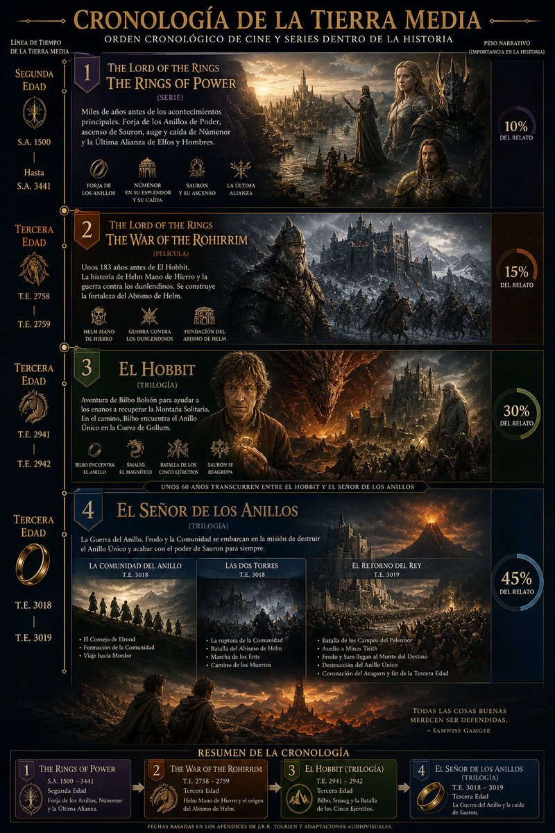 ViviendoenHisto's tweet photo. Orden cronológico REAL de la Tierra Media en cine y series:
Segunda Edad → Rings of Power
T.E. 2758 → War of the Rohirrim
T.E. 2941 → El Hobbit
T.E. 3018 → El Señor de los Anillos
No es el orden de estreno. Es el orden de la historia. https://t.co/Tk2jR4IqS3