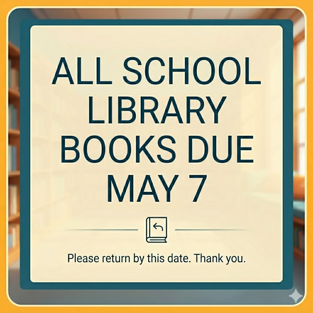 SchooMiddle's tweet photo. All Schoo library books are due Thursday May 7.  Please have your student check their email about overdue and missing books.  Books not returned by the last day of school will be marked missing and the replacement cost will be assigned in ParentVue/StudentVue https://t.co/iASUJYU9Ey