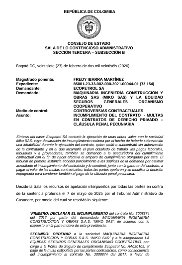 articulo20's tweet photo. SENTENCIA RECOMENDADA 🗣
#Contencioso #Contractual
Sociedad Miko S.A.S y la Equidad condenadas por incumplimiento en contrato con Ecopetrol: @consejodeestado
RAD: 85001-23-33-002-000-2021-00044-01 (73.154) https://t.co/5zxZu10xEV