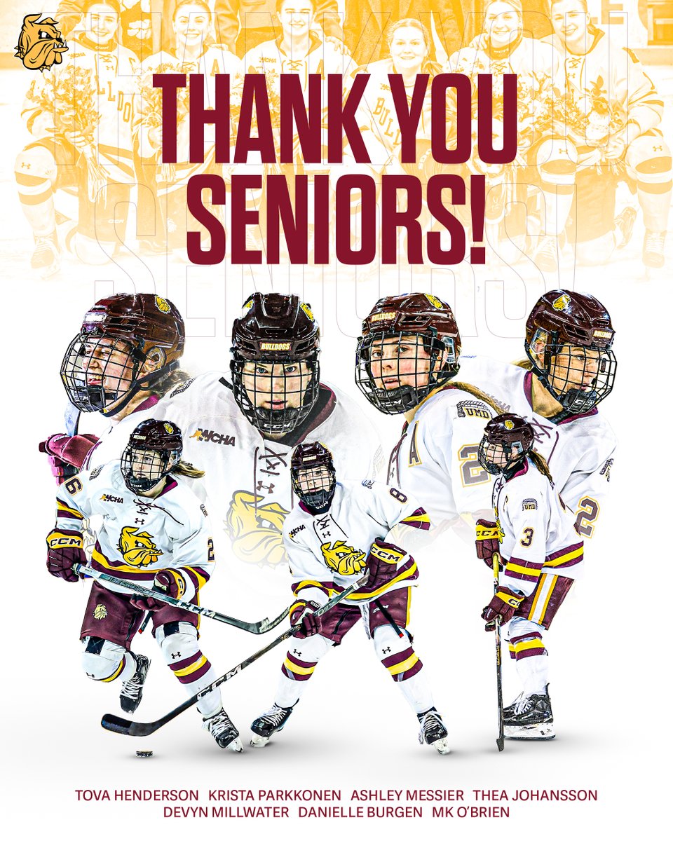 UMDWHockey's tweet photo. As we head into finals week, we wanted to tip our hats one last time to our 2025-26 senior class. Forever Bulldogs!! https://t.co/9IuUt4wCat