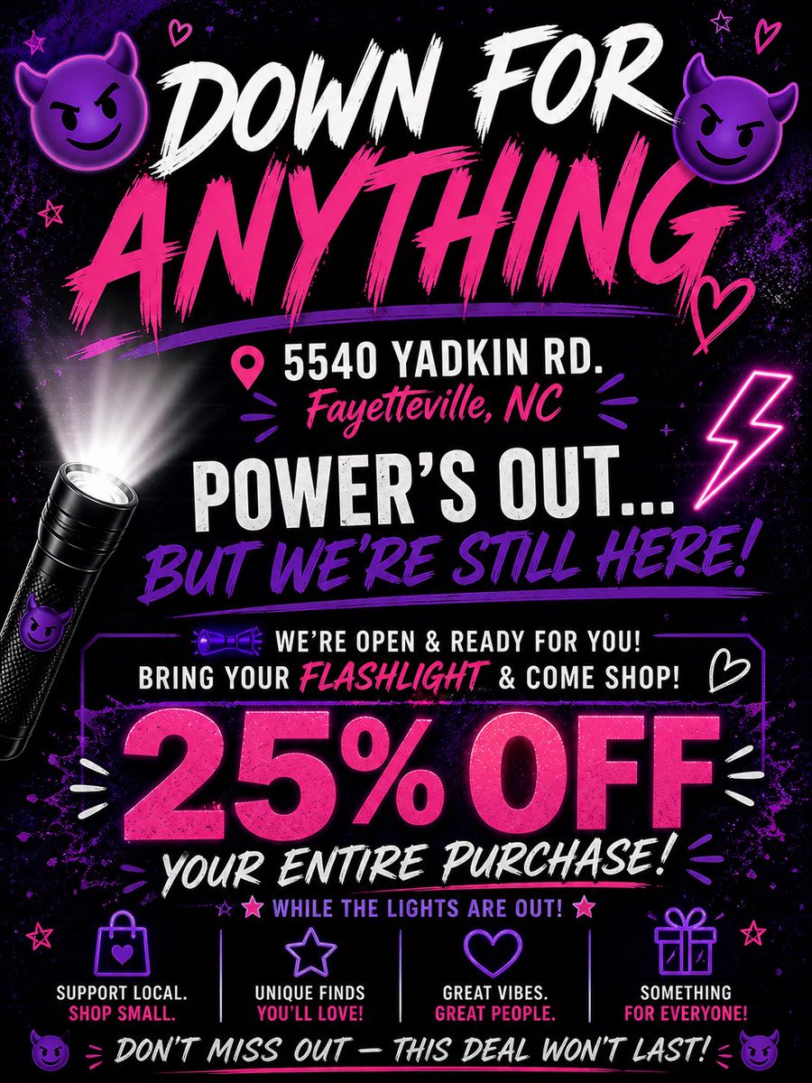 up4drea2's tweet photo. Come see us!! In the dark!! 

Save 25% off while the power is out!  

😈Down For Anything😈5540 Yadkin rd. Fayetteville, NC  
#downforanythingvintagestore  #powerouttage #gottapaybills #nopowernoproblem https://t.co/gHjO6jULzE