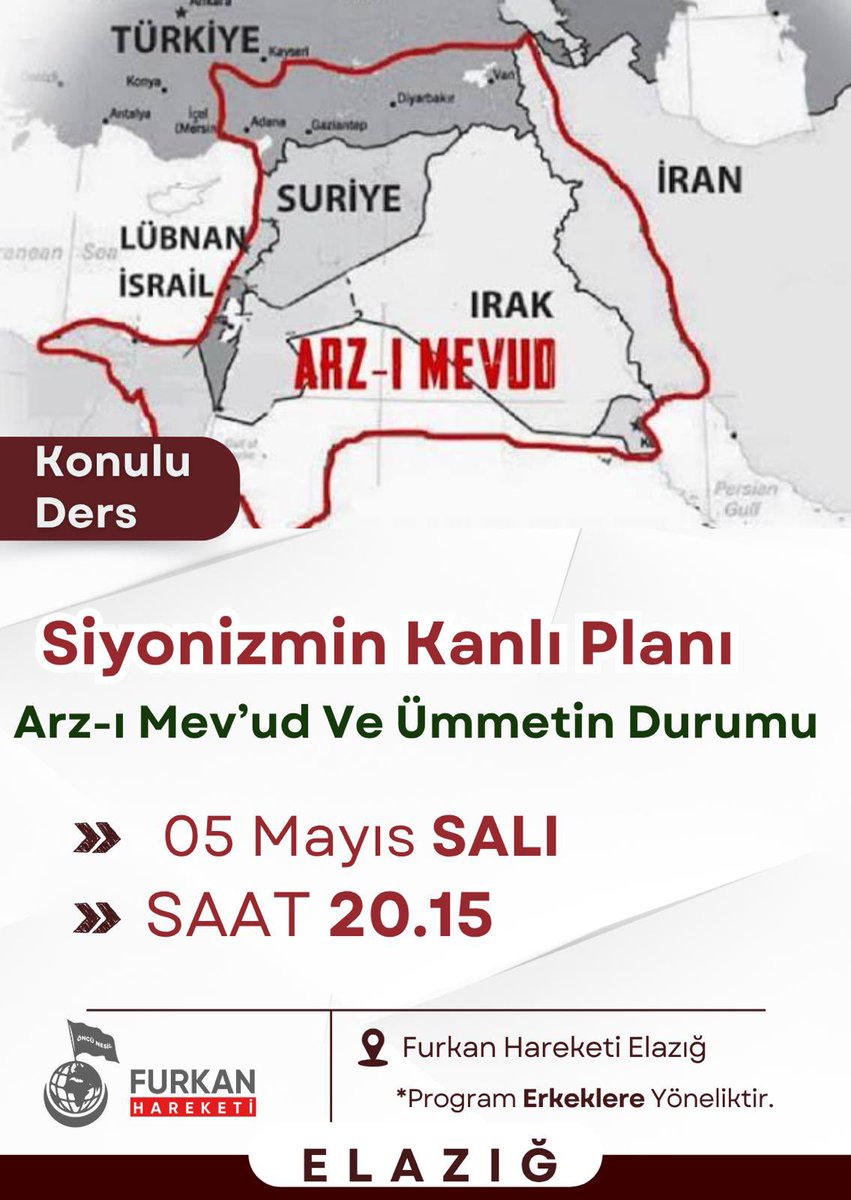 furkanhelazig's tweet image. KONULU DERSE DAVET! ✨

📖 Siyonizmin Kanlı Planı Arz-ı Mev’ud Ve Ümmetin Durumu
🗓 05 Mayıs Salı
🕘 20.15

Programımız erkeklere yöneliktir.

#Tefsir
#Salı