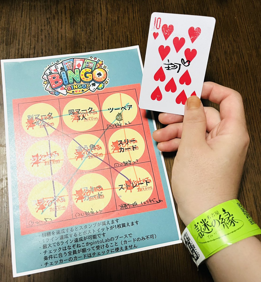 negative_co's tweet photo. 日付変わって御帰宅ワイ氏、謎縁があまりにも楽し過ぎたのでリスバンちぎれないマン🥲(このままの腕でシングルズ出張来てたらわろてください)

ビンゴもご縁探し🫶のひとつとして面白かった〜！第一会議室に居た皆様の協力のお陰で全部埋まった🐸🎩感謝！スタンプかわいい🐈‍⬛🎲🐈🎀
 #名古屋謎の縁 https://t.co/Q1fF03Pk4E
