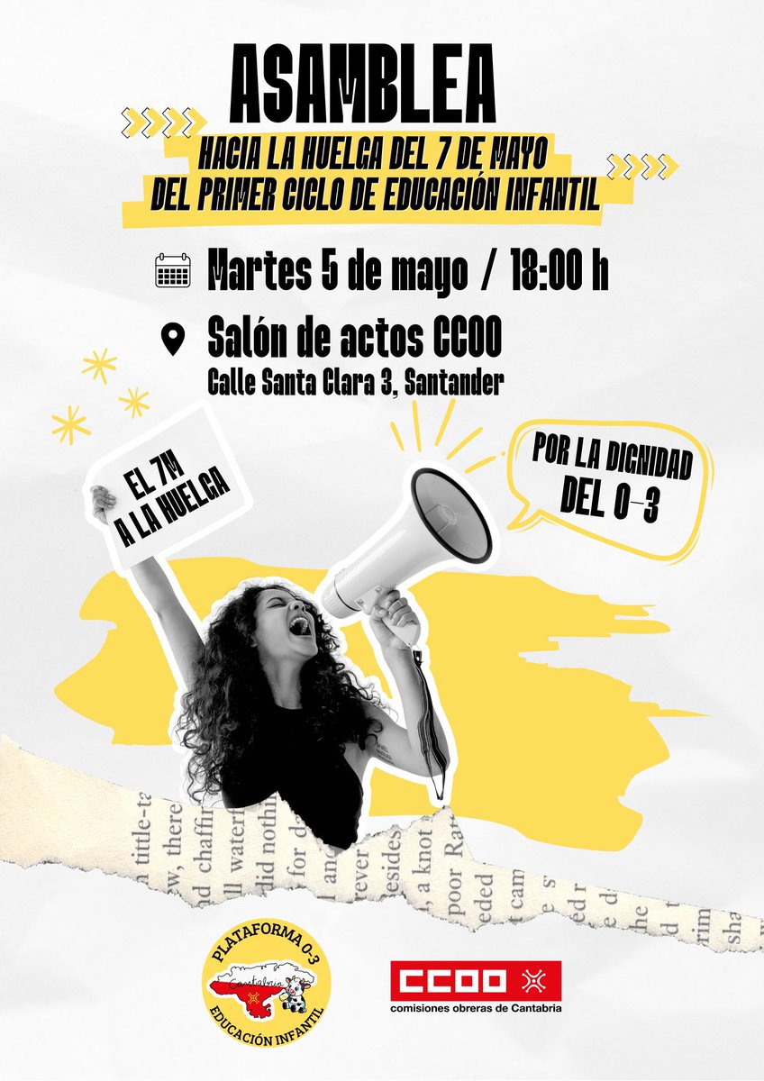 feccoocantabria's tweet photo. 📢 EL 7 DE MAYO A LA HUELGA EN EDUCACIÓN INFANTIL (0-3) 

💛 La Plataforma 0-3 Cantabria y CCOO Enseñanza llamamos a secundar la HUELGA, participar mañana en la ASAMBLEA y acudir a las dos CONCENTRACIONES del 7 de mayo.

🔗 Consulta las reivindicaciones: https://t.co/FpUGCsl51w https://t.co/K1wCO3uEdi