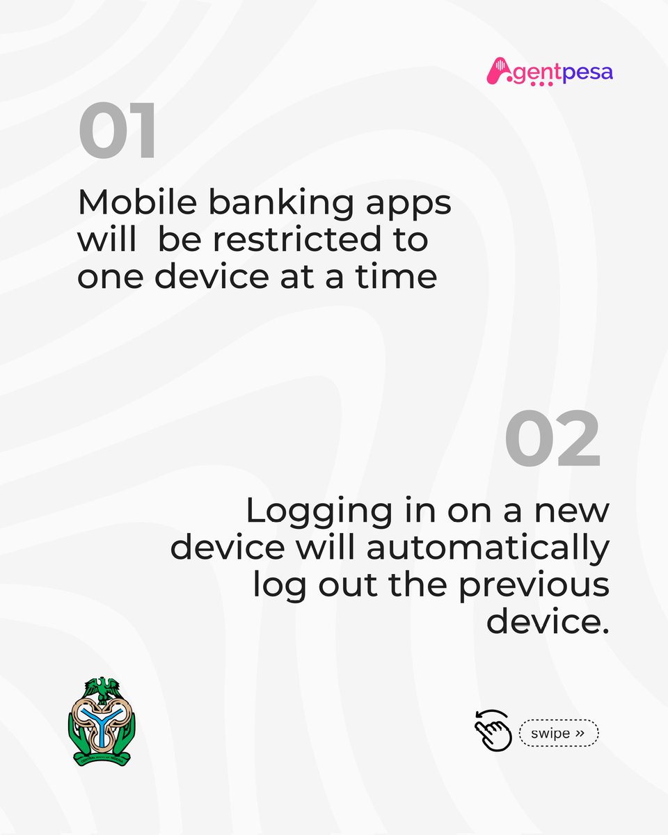 agentpesa's tweet photo. Tag someone who banks in Nigeria. 👇

Because these 10 new CBN BVN rules affect ALL of us. 🇳🇬⚠️

One device. Frozen accounts. ₦20k cap on new devices.

#Agentpesa keeps you informed, safe &amp; always in control. 🔐💜

Swipe to know your rights 👉 

#BVNRules #CBN https://t.co/0Xn7rX9a0Z