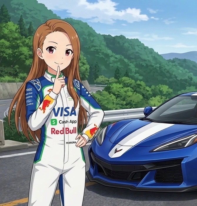 AIイラスト」F1アカデミースーツ 伊織+C8コルベットグランドスポーツ