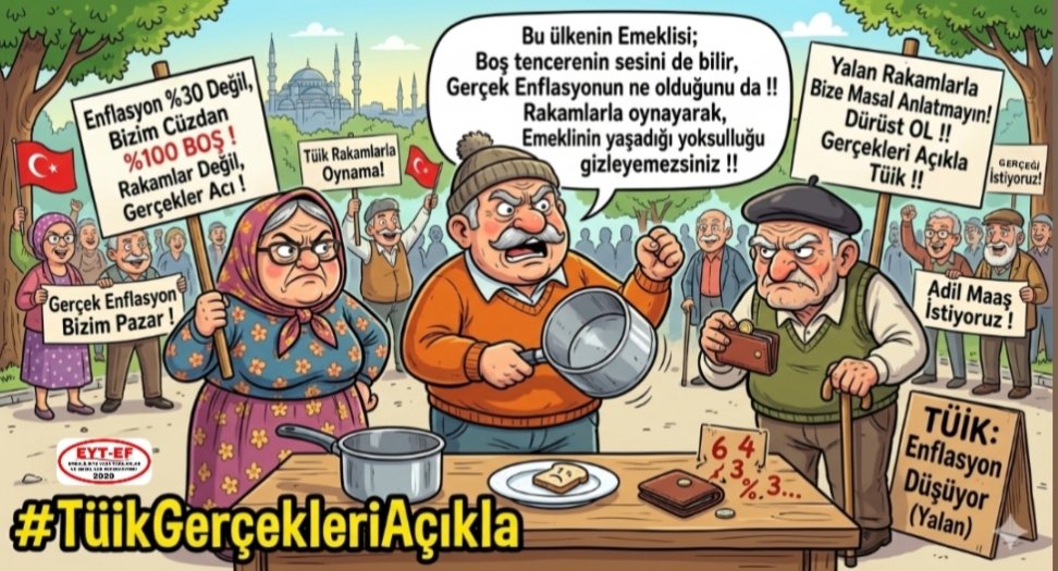 <a href="/eceuner12/">Ece Üner</a> ülkenin EMEKTAR Emeklisi
Boş tencerenin sesini de bilir
Gerçek Enflasyonun ne olduğunu da
Çarşıda Pazardaki etiketlerde hergün değişen etiketleride
Rakamlarla oynayarak
#Emekli nin yaşadığı yoksulluğu gizleyemezsiniz
<a href="/eceuner12/">Ece Üner</a>
#TüikGerçekleriAçıkla'mıyor tencereler #bomboş kaldı