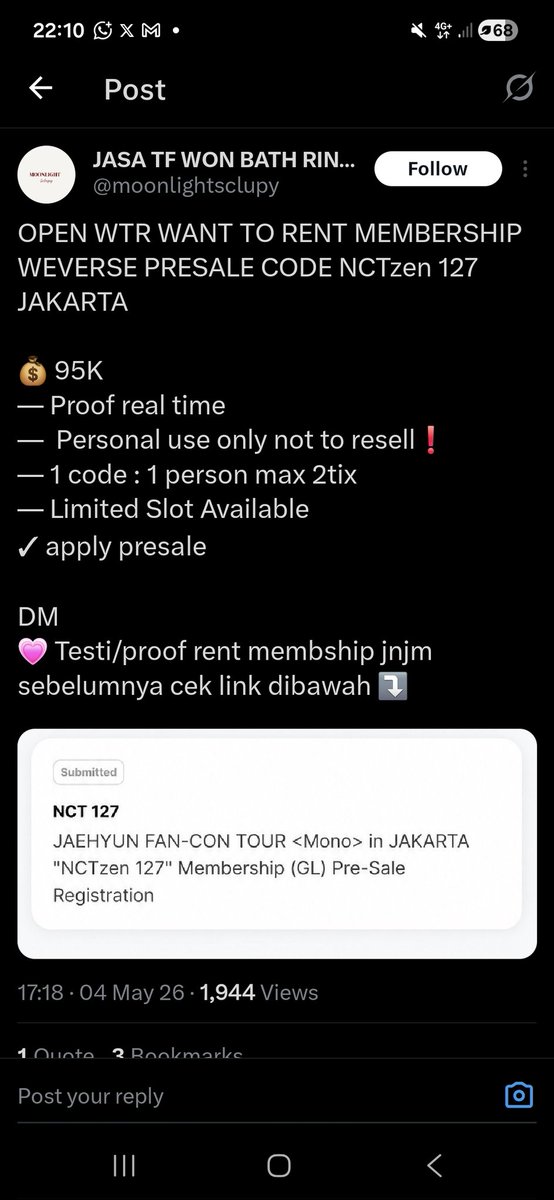 cinamcon's tweet photo. ❗️SCAMMER RENT MEMBERSHIP NCT127 FAN-CON JAEHYUN ❗️

Berawal @.moonlightsclupy posting rent membership dan dibawahnya ada testi, buat cust jadi yakin kalo dia aman aja https://t.co/2mL62UekO2