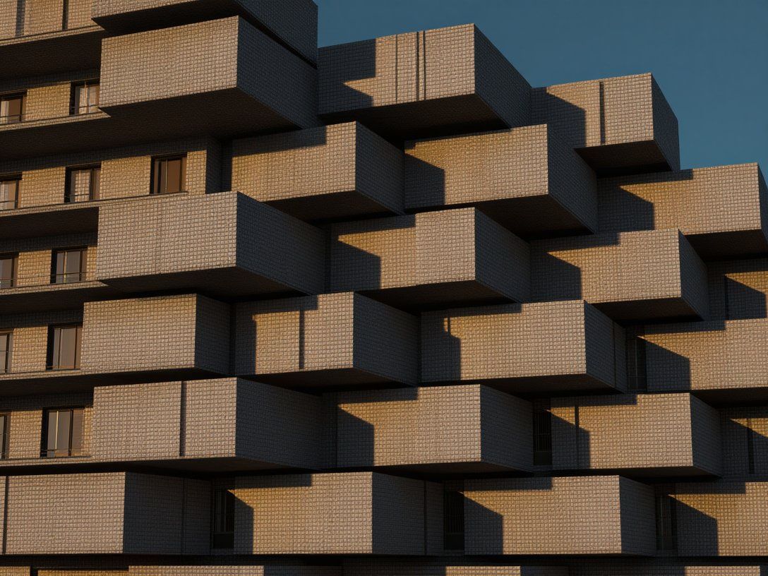 phiarch_'s tweet photo. Golden hour light bathes a brutalist architectural marvel, where impossible cantilevers and stacked cubes create a dramatic interplay of light and shadow. #architecture #urbancomplexity https://t.co/YIyv8SBjuC
