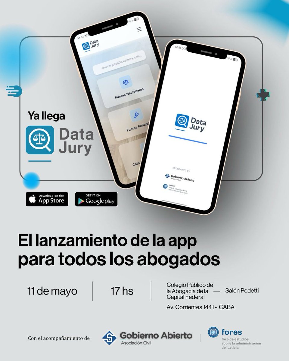 FORESJUSTICIA's tweet photo. 📲 YA LLEGA DATA JURY

El próximo 11 de mayo a las 17 hs presentamos Data Jury en conjunto con @gobabiertoarg , una nueva herramienta pensada para facilitar el acceso a información útil sobre juzgados y dependencias judiciales.

Ahora vas a poder votar y ver como los abogados califican a los distintos juzgados nacionales y federales.
📍 Sala Dr. Humberto A. Podetti
Colegio Público de la Abogacía de la Capital Federal.
Av. Corrientes 1455, piso 2, CABA.

Te esperamos para conocer la app y ser parte de esta nueva forma de consultar y compartir información judicial.