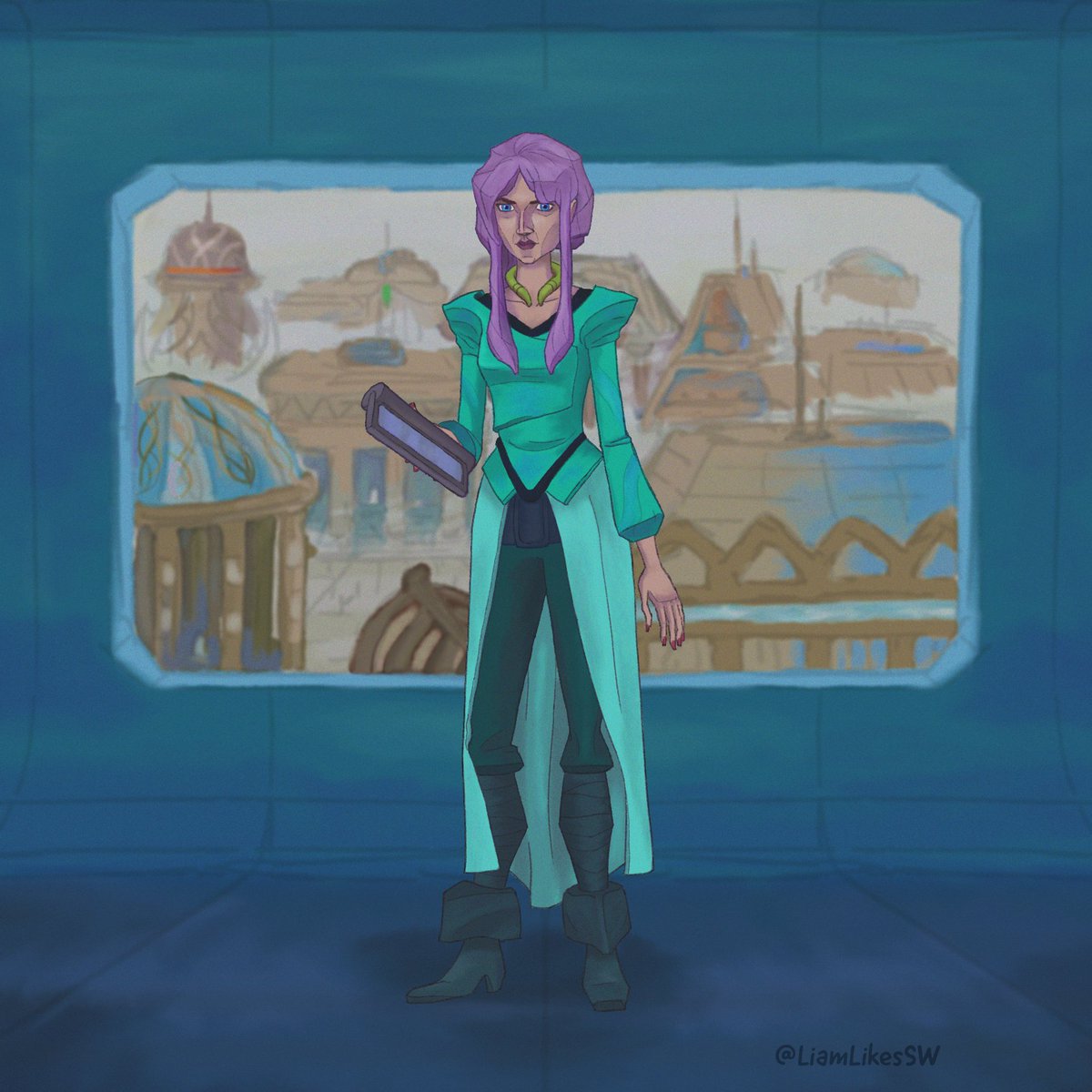 LiamLikesSW's tweet photo. Happy #MayThe4th everyone! To celebrate here's a new Clone Wars style piece of Sava Madelin Sun (aka "The Archivist") in her academic prime on Bar'leth https://t.co/jId8BzZdcc