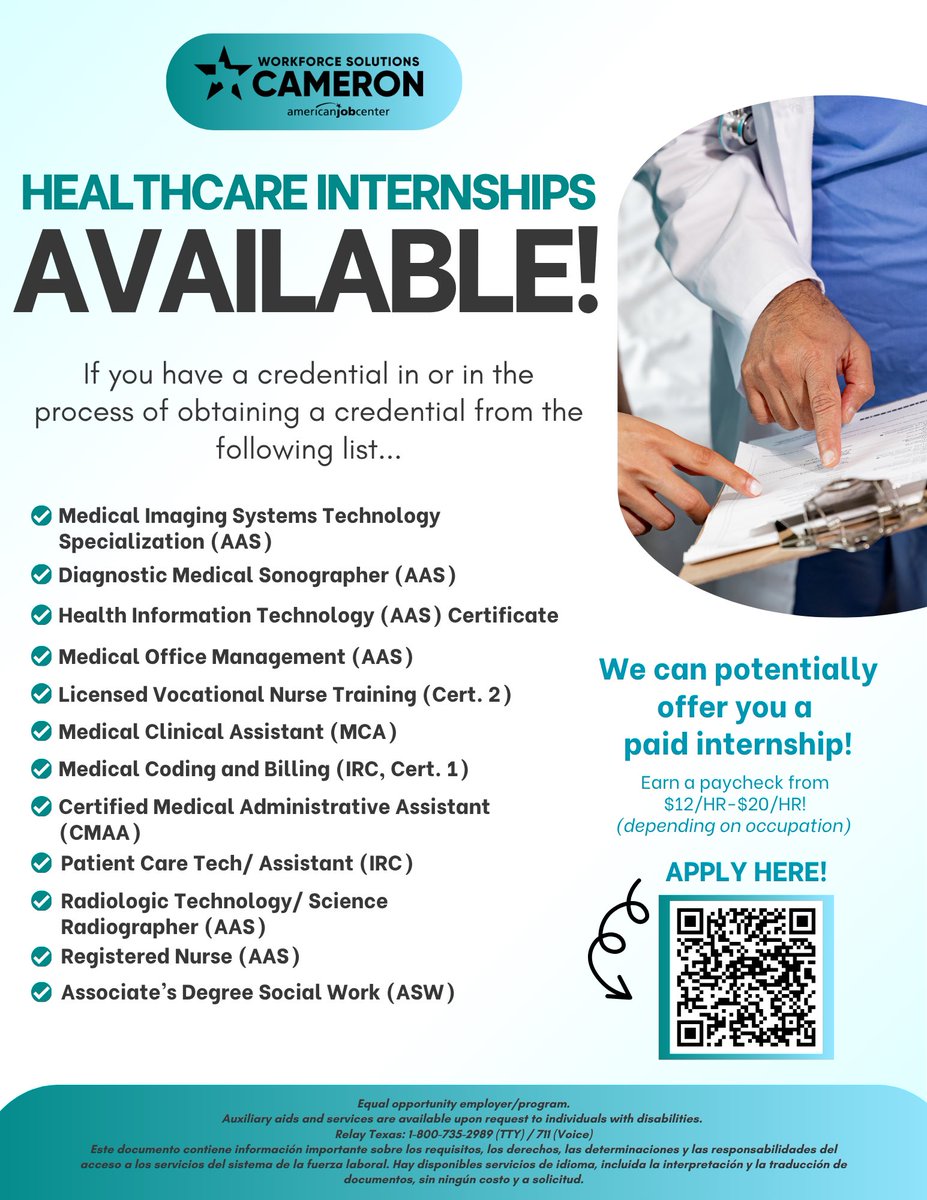 WFSCameron's tweet photo. 🩺 Healthcare Internships Available!
If you have a credential (or are currently working toward one), you may qualify for a paid internship in the healthcare field.
 
💼 Earn $12–$20/hour (depending on occupation)
 
🔗 Apply here: https://t.co/uyqC0rUn7A https://t.co/ekQHJAWUUQ